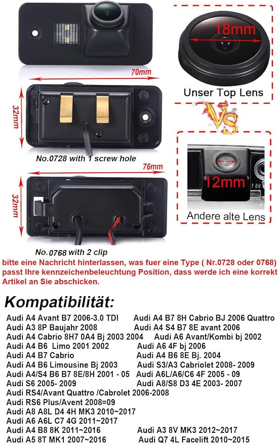 1280*720 pixels car rear view backup camera parking Vehicle camera replacement for Audi A1 A3 S3 A4 S4 A5 S5 A6 A6L S6 A8 Q5 Q7 A8L S6 RS4 Avant TT Passat B7 waterproof night vision Parking assitance