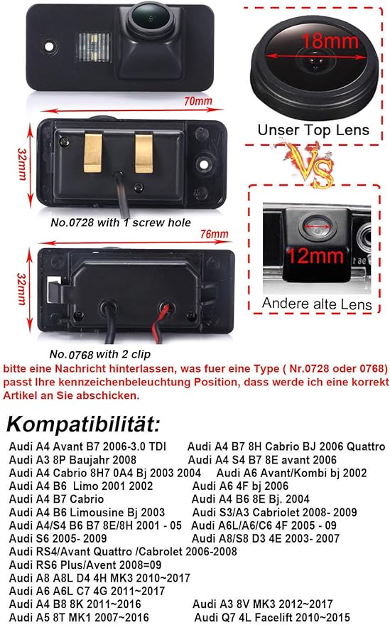 1280*720 pixels car rear view backup camera parking Vehicle camera replacement for Audi A1 A3 S3 A4 S4 A5 S5 A6 A6L S6 A8 Q5 Q7 A8L S6 RS4 Avant TT Passat B7 waterproof night vision Parking assitance