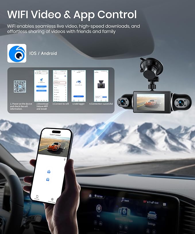 2K Dash Cam 360° View 4 Channel Front and Rear Dash Camera for Cars, 3x1080P, Left Right Dash Camera for Cars, 8 IR Lamps Night Vision, WiFi & APP Control, G-Sensor, 24H Parking Mode