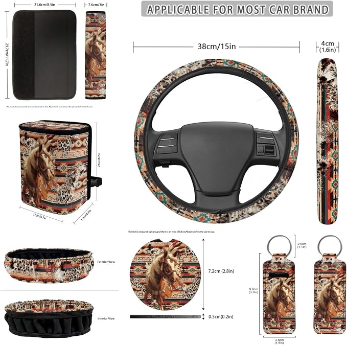 Car Seat Covers Set 12 Pack Retro Aztec Horse Steering Wheel Cover Auto Seat Belt Pad Cover Car Trash Can Rear View Mirror Cover Cup Coasters Keychain Holder Keychains