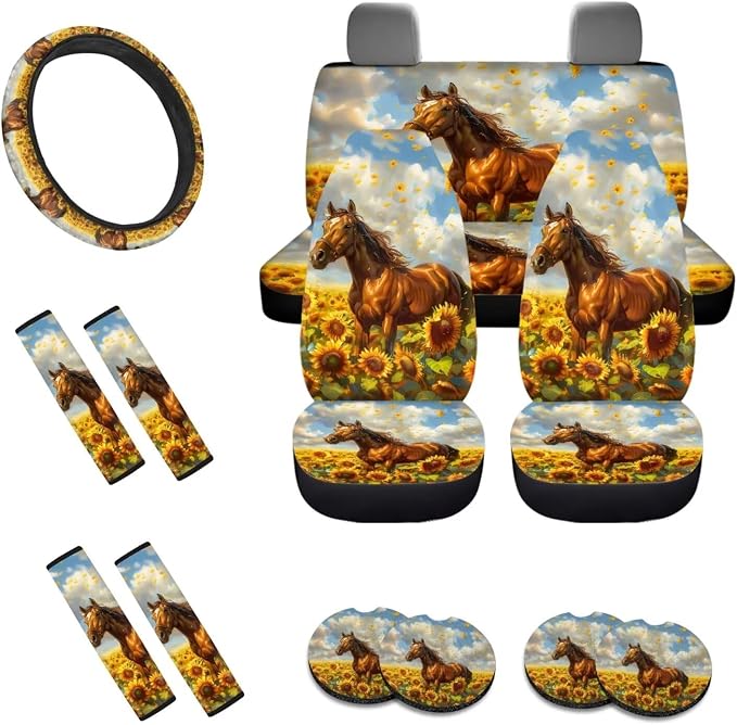 Horse Sunflower Pattern 13 Pieces Car Accessories, Front and Rear Seat Covers Full Set + Soft Steering Wheel Cover + Safe Belt Covers + Coasters with Notch Wear Resisting Interior Covers