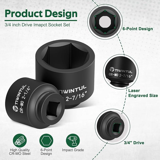 3/4" Drive Impact Socket Set, 14 Pieces SAE (1-11/16” to 2-1/2”) | Spindle Axle Nut Socket Set, 6-Point, CR-MO Steel Large Impact Socket Set with Storage Case for Truck, Railroad, Bridge