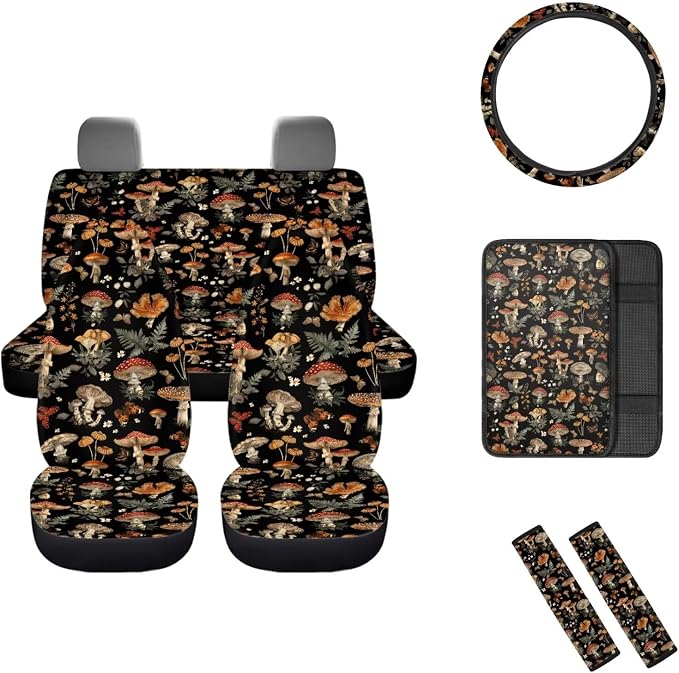 Mumeson Mushrooms Print Car Seats Seat Covers with Universal 15inch Car Steering Wheel Cover Car Armrest Seat Box Cover Auto Seatbelt Covers Shoulder Pad 8 Pack Set Car Accessories