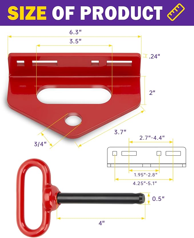 Zero Turn Trailer Hitch With Hitch Pin, 1/4"(6mm) Thick Heavy Duty Steel Universal Lawn Mower Towing Hitch Kit With Pin, Versatile Chain Slot Rugged Hitch Included Carriage Bolt & R Clip Red & Red