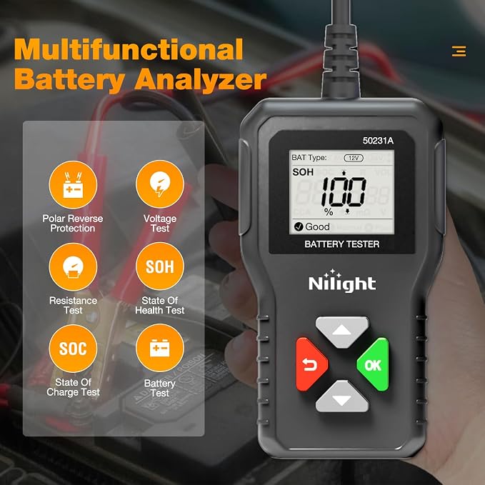 Nilight Car Battery Tester 6V 12V 24V Accurate Digital Auto Analyzer 100-2000 CCA Voltage SOH SOC Internal Resistance Test for Cars Trucks SUV ATV Boats Motorcycles Vehicle