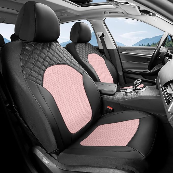 FLORICH Pink Car Seat Covers Full Set Leather Mesh Front and Rear Seat Cover Automotive Seat Cushion 5-Seat Driver Seat Covers Protector Universal Fit for Most Car SUV Sedan Truck, Black&Pink