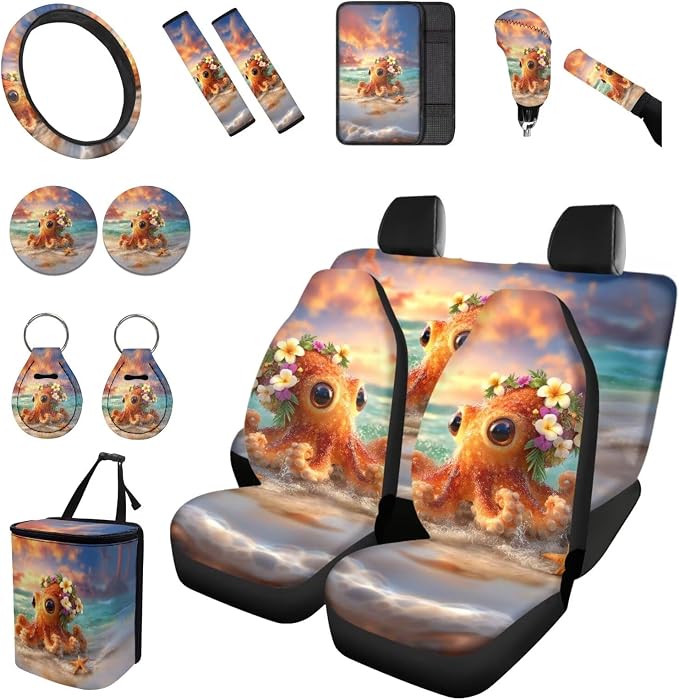 Forchrinse Octopus Car Accessories Set for Men Women 15pcs Car Front Back Seat Covers,Steering Wheel Cover,Seat Belt Pads Gear Shift Knob Handbrake Cover Cup Holder Trash Can