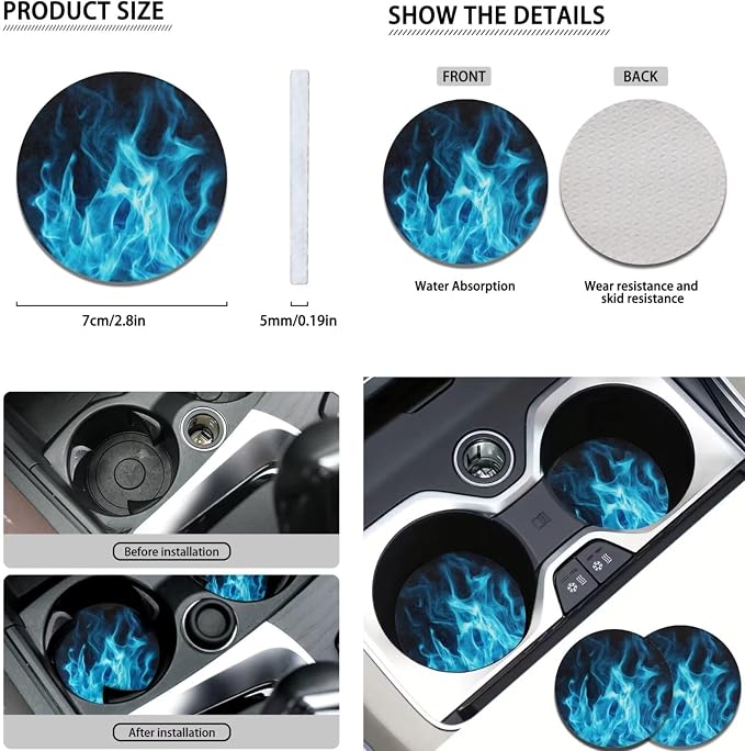 POLERO Blue Fire Car Seat Cover Set for Men Flame Steering Wheel Cover Sets 11pcs with Seatbelt Shoulder Pads Cupholder Coasters Keychains