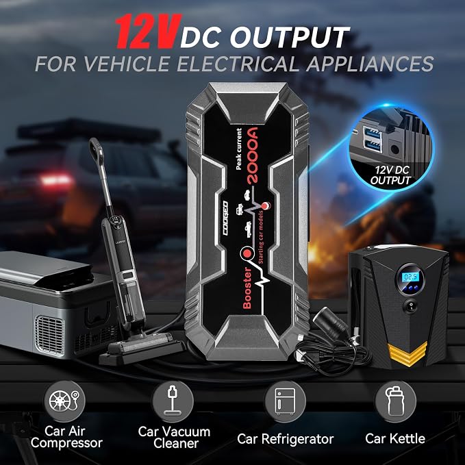 Fathers Day Dad Gifts for Men, Car Battery Jump Starter Portable, 2000A Jump Starter Battery Pack for 8.0L Gasoline and 6.0L Diesel Engines, 12V Jump Box for Car Battery with EC8 Jumper Cables, Black