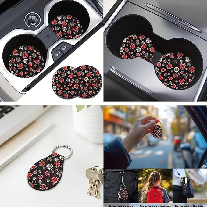 Cute Ladybug 12 Pcs Car Seat Covers with Steering Wheel Cover,Seat Belt Covers Cup Holder Keychain Holder Elastic Fabrics Universal Fit for Most Cars,SUVs