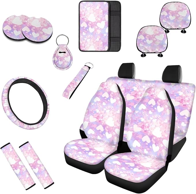 13 Pcs Love Heart Car Seat Cover, Pink Heart Shape Universal Fit Car Front Rear Seat Covers, Romantic Couple Automotive Cup Holder Coaster Seat Belt Covers