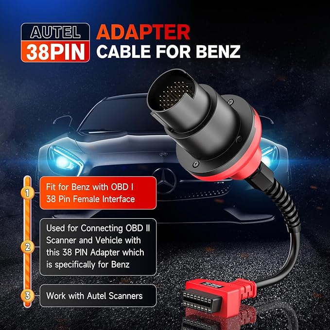 Autel Original BENZ-38 PIN Adapter, 38 Pin Male to 16 Pin Female OBDII Connector Compatible with Mercedes-Benz Pre-2001, Work with OBD2 Diagnostic Scan Tool OBD II Scanner