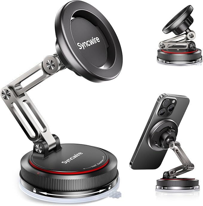 SYNCWIRE for MagSafe Car Mount [3-Axis] Nano Adhesive Gel + Strong Suction Cup Magnetic Phone Holder for Dashboard & Windshield, 360° Adjustable for iPhone 17 16 15 14 13 12, Samsung, Matte Black