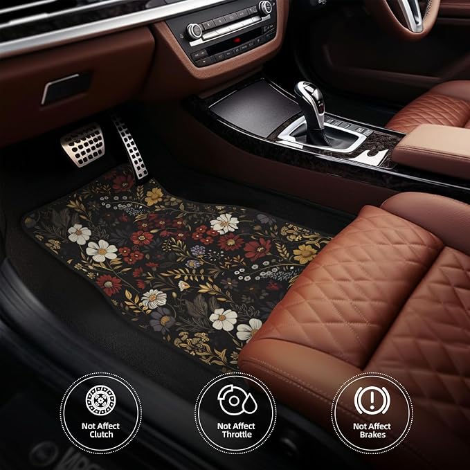 Floral Car Seat Cover Retro Daisy Car Floor Mats Bucket Seat Cover Brown Boho Flower Car Front Seat Cushion Full Set of 6 Cars Decor