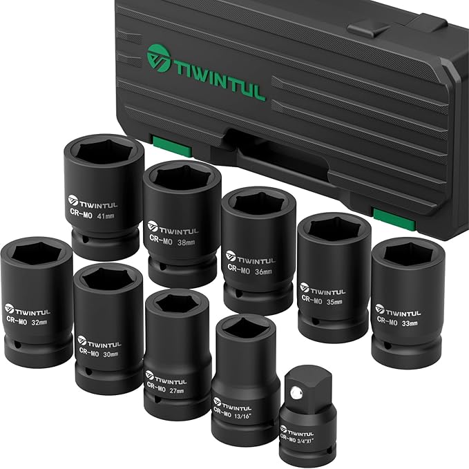 1 Inch Drive Impact Socket Set, 6 Point, Metric,10pcs (27–41mm), 42 CR-MO, Includes 3/4"F x 1"M Adapter & 13/16" Impact Socket, Heavy Duty Large Socket Set for Truck & Equipment Repair