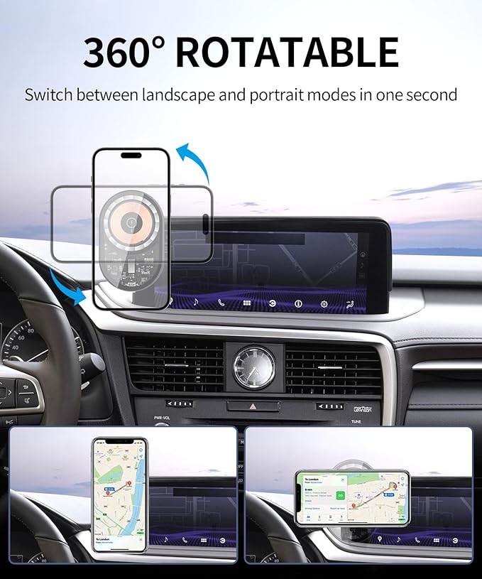 Wireless Charging Car Phone Holder for Lexus RX/RX Hybrid 2020-2022, 12.3" Screen Fixed Clip, 360° Rotation Car Phone Mount Compatible with MagSafe