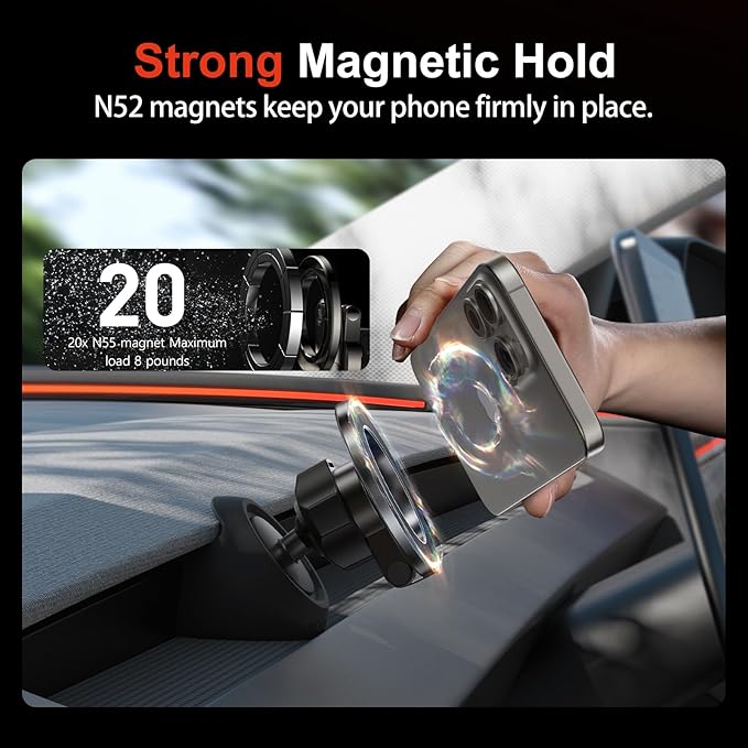 YONZEE Magnetic Phone Mount Compatible with 2025-2026 Model Y Juniper and 2024-2026 Tesla Model 3 Highland, Dashboard Ball Joint Base, Strong Magnetic Holder Ring, 360° Rotation