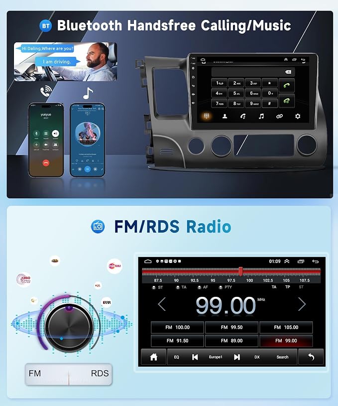 2G+64G Car Stereo Radio for Honda Civic 2006-2011 with Wireless CarPlay Android Auto, 10.1 Inch Android 13 Touch Screen Head Unit, HiFi Audio GPS Navigation WiFi Bluetooth SWC HD Backup Camera