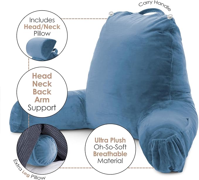 Nestl Reading Pillow with Shredded Memory Foam Includes 2 Neck and Lumber Support Pillows, Designed for Sitting Up in Bed and Couch, Back and Arms Adjustable Support for Adult & Teens, Blue Heaven
