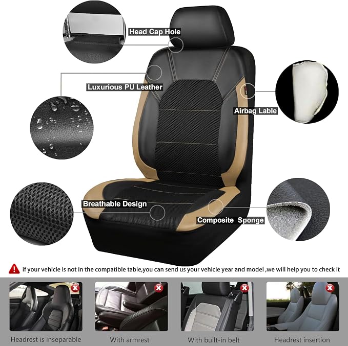 CAR PASS Leather seat Covers,Automotive Universal Sport car seat Cover Super 5mm Composite Sponge Inside,Airbag Compatible fits Most Cars, SUVs, Trucks, and Vans (Full Set,Black and Beige)