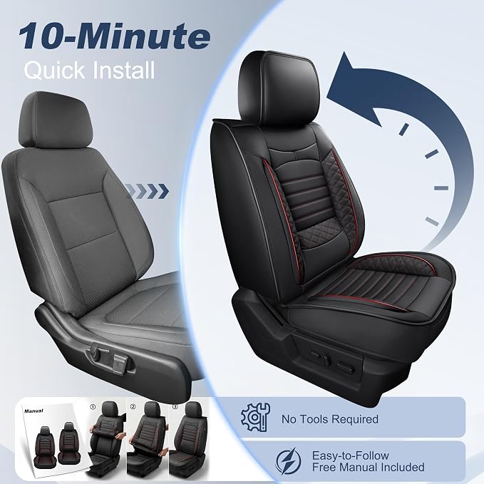 Seat Covers Full Set for Ford F150 2009-2025 2026 - F250/F350/F450 2017-2025 2026: 5 Seat Faux Leather Truck Seat Covers (Black&Red)