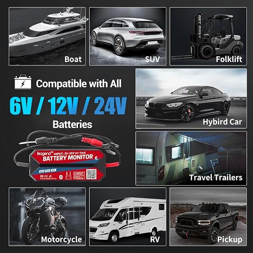 All-Round Battery Monitor, 6V/12V/24V Adaptable, IP67 Waterproof, Auto Alarm, 72-Day Logging, Compatible with Lead-Acid/Lithium Batteries for Cars/Boats/Storage