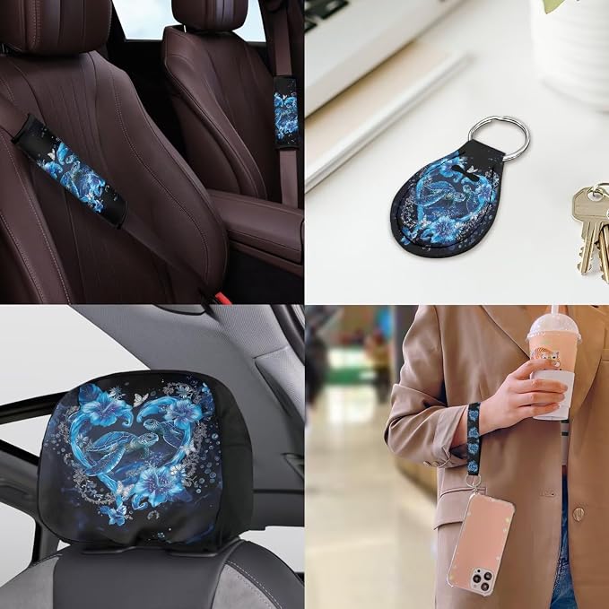 Ocean Turtle Car Seat Covers Full Set of 18 Universal Car Interior Accessories Full Set Blue Sea Turtle Car Headrest Covers Seat Auto Seat Belt Pads Cover Car Trash Can,Easy to Install