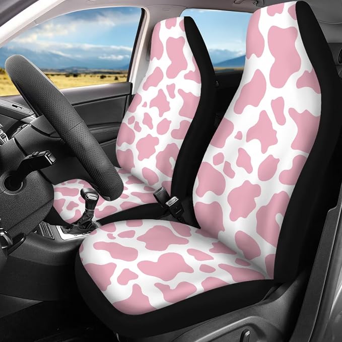 Pink Cow Print Car Seat Covers Full Set of 17 Pack Cute Cow Print Car Accessories Set with Vehicle Front Rear Carpets Mats Steering Wheel Accessories Armrest Pad,Universal Fit Most Car SUV