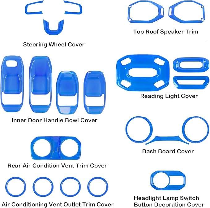 CheroCar 21PCS Full Set Interior Decoration Trim Kit for 2018-2026 Jeep Wrangler JL JLU & Gladiator JT Steering Button Frame, Air Conditioning Vent, Reading Light, Speaker (Blue)