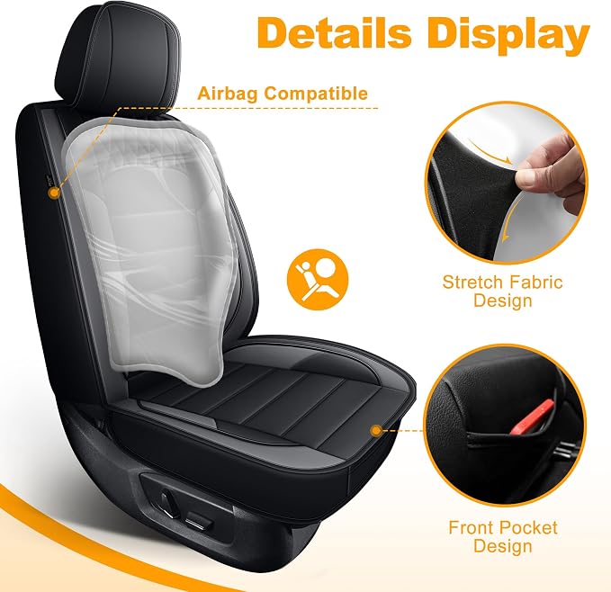 IKABEVEM for Dodge Ram 1500 Seat Covers 2012-2024 2025 2026 | Ram 2500 3500 2012-2026 Seat Covers Seat Cushion Cover with Faux Leather(Flat Bench,Full Set,Black&Grey)