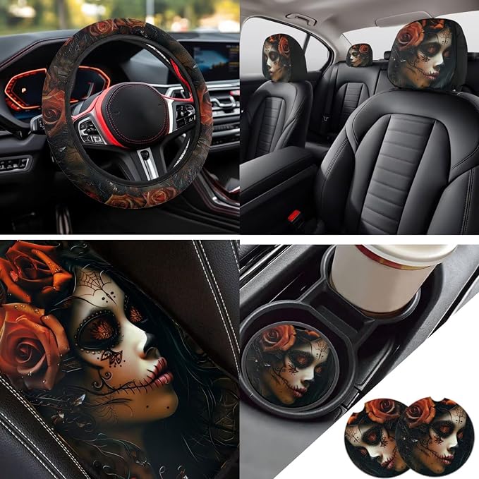 Red Rose Gothic Doll Print Auto Seat Cover Set of 13, Car Front & Back Seat Cover with Steering Wheel Cover, Seat Belt Covers Cup Holder Keychain, Fit for Most Cars SUV