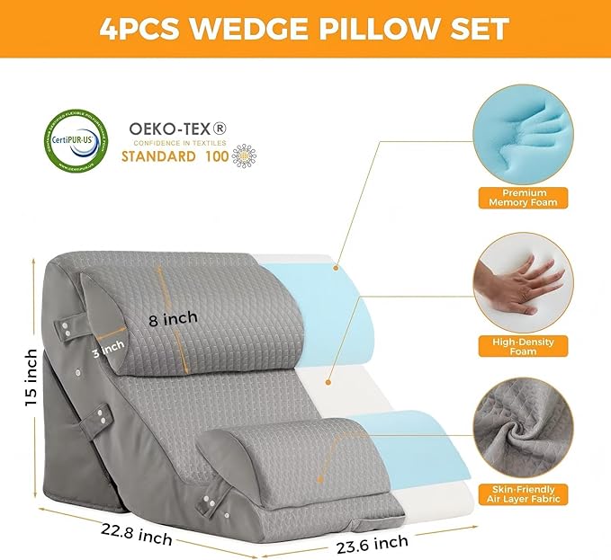 Ruqmuis 4PCS Wedge Pillow Set for After Surgery, Adjustable Back Pillow for Bed Sitting up, Acid Reflux, Bed Wedge Pillow Headboard for Sleeping & Snoring, Orthopedic Pillow for Post Surgery, Grey