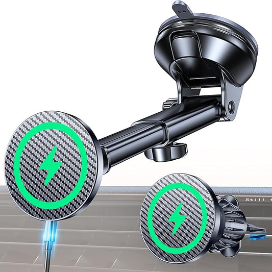 Coolpow for MagSafe Car Mount Charger【Ultra Magnet】 Magnetic Phone Holders for Your Car Charger【Windshield+Vent+Dash】 Magnetic Wireless Car Phone Holder Charger Car Mount for iPhone 17 (Carbon Fiber)
