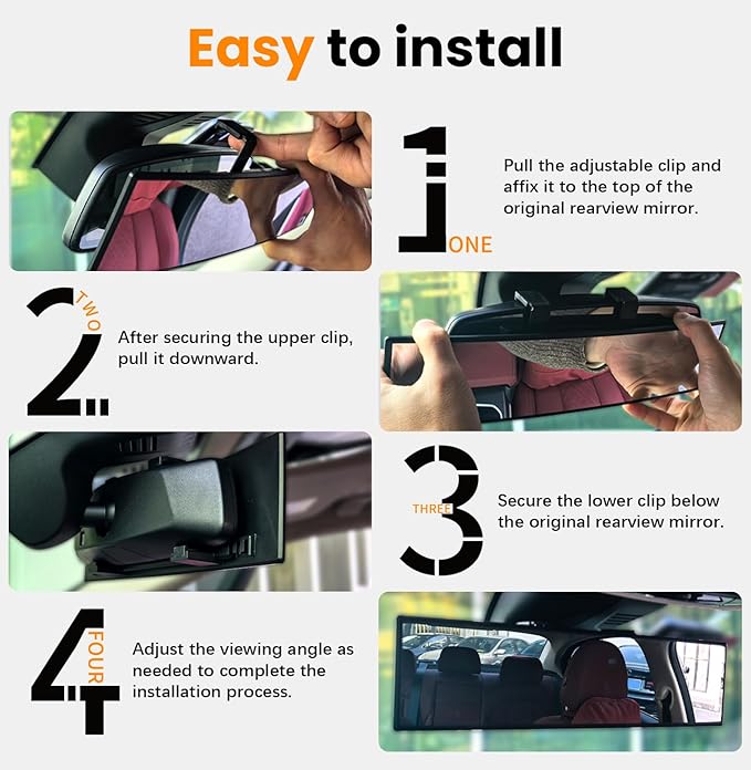 Rear View Mirror, Chrome Anti-glare Panoramic Rear Mirrors Universal 12 Inch Convex Car Interior Clip on Extra Big Wide Angle Rearview Mirror Extender to Reduce Blind Spot for Car SUV Trucks