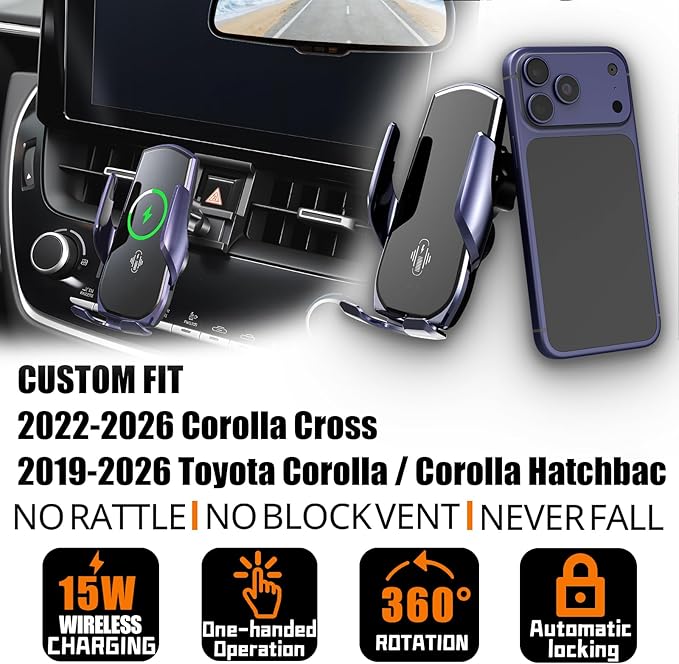 Car Phone Mount for 2019-2026 Toyota Corolla / Corolla Hatchback & 2022-2026 Corolla Cross, 15W Qi Wireless Fast Charging Auto-Clamping Center Console Phone Holder, 360° Adjustable, No Airflow Block