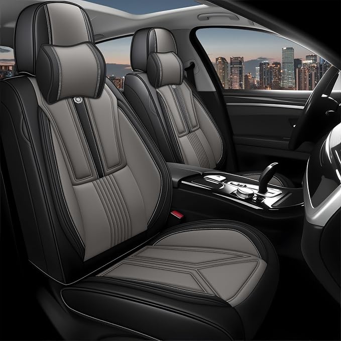 Arazi Seat Covers for 90% of Mercedes-Benz, 360° Full Wrap Original Seat Cover, Nappa Leather Waterproof Seat Covers with Big Space Storage Pocket Seat Protector（2 Seats Luxury, Black&Gray）
