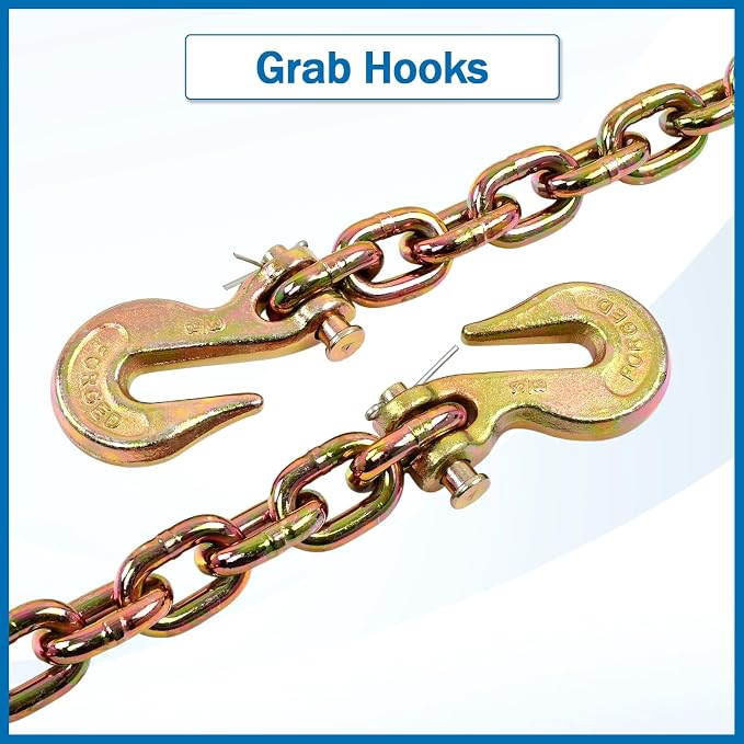 3/8 Inch x 16 Feet Transport Binder Chain G80 Safey Tow Chain with Grab Hooks 7100 Lbs Safe Work Load for Transporting Towing Tie Down Binding Equipment