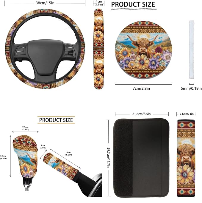 Tupalatus Highland Cow Flower 9 Pack Seat Covers Full Set Car Accessories Steering Wheel Protector Auto Seat Belt Cover Coasters Gear Shift Cover Hand Brake Cover for Women
