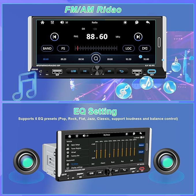 Wireless Apple CarPlay, Single DIN Car Radio, Car Stereo with 6.86" HD IPS Touchscreen, Bluetooth 5.2, Android Auto, Dual USB & Fast Charging, Backup Camera, FM Radio, DSP EQ Audio Subwoofer
