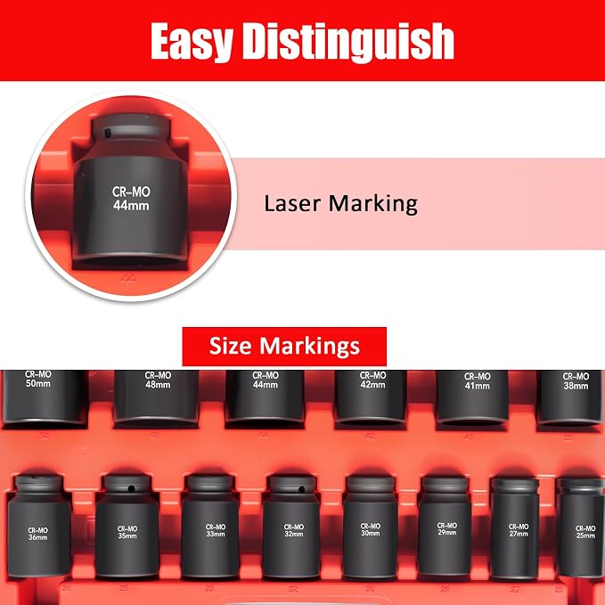 TONYNOL 3/4 Inch Drive Deep Impact Socket Set,6-Point, Metric Sizes(25-50mm),14 PCS,Cr-Mo Steel,Heavy Duty Impact Sockets for Automotive & Industrial Machinery,With a Storage Case