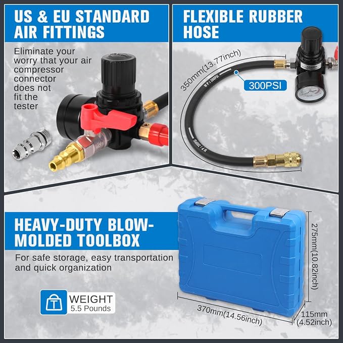 Turbo Boost Leak Tester Kit 10PC Boost Leak Tester Automotive Well-sealed Turbo/Emission/Cooling System Pressure Leakage Tester with 4 Pairs of Stepped Adapters 1-3/8" to 3-1/2", US & EU Air Fitting