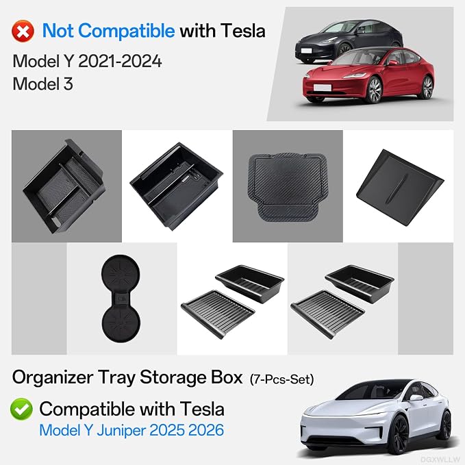 7PCS Center Console Organizer Tray for Tesla Model Y Juniper 2025 2026 Premium Performance Accessories Center Console Tray with Rear Seat Side Under Seat Box Center Console Set