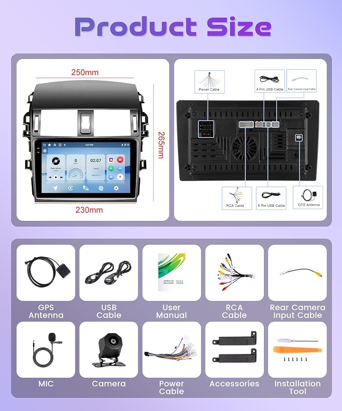 4Core 4G+128G Android 15 Car Radio for Toyota Corolla 2009-2013, Rimoody Car Stereo Wireless Carplay Andorid auto Mirror Link 9'' HD Touchscreen GPS WiFi Bluetooth 5.0 FM/RDS EQ-32 SWC Backup Camera