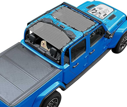 JT Top Sun Shade Roof Compatible with Jeep Gladiator 4 Door 2018 to 2023 Sunshade Sunroof Bikini Cover Blocks UV Wind Noise Gray Mesh for Front and Rear 2 pcs