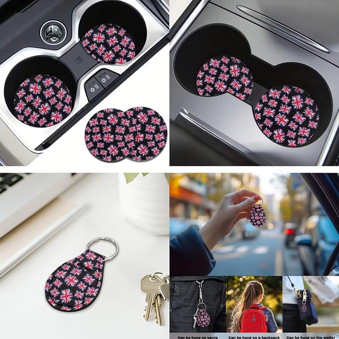 Union Jack 12 Pcs Car Seat Covers with Steering Wheel Cover,Seat Belt Covers Cup Holder with Keychain Automotive Protector Set Unverisal Fit Cars SUV