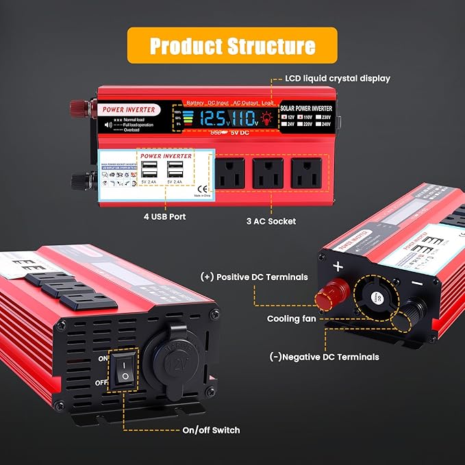 ALSO GO 1000W Power Inverter 12V DC Volt to 110V AC Car Inverter with LCD Screen Display, 3 AC Outlets, 4X 2.4A USB Port, Car Power Converter for Truck, Home, Vehicles, Laptop, Trip