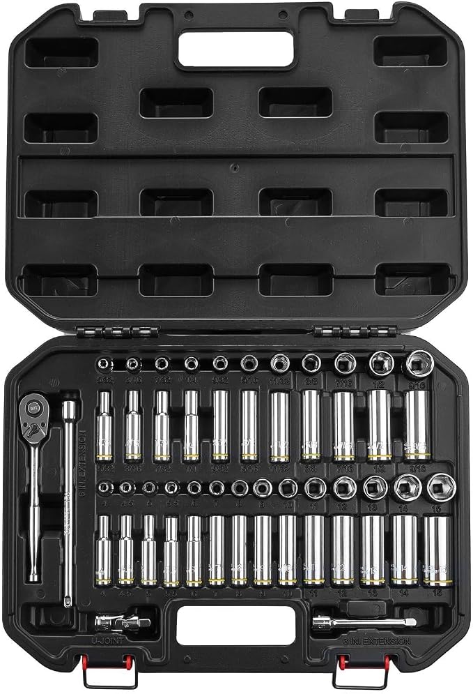 BLACK CANYON 1/4 in Drive Socket Set 53 Piece, 6-Point Metric/SAE, Premium Cr-V Steel Chrome Finish with 90-Tooth Ratchet, Extensions & Impact-Resistant Case - High-Torque for Precision Work