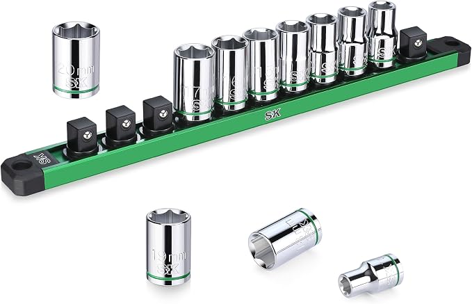 SK 1/2" Drive Socket Set, Metric Sockets, 11-Piece 10-20mm, SuperKrome Finish, Preminum CR-V Construction, with Aluminum Socket Organizer