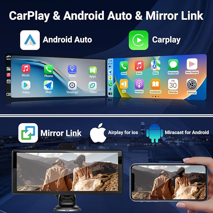 Wireless Carplay Screen for Car 10.26" Portable Touchscreen Car Stereo for Apple Carplay & Android Auto with 4K 360 Rotation Dash Cam & 1080P Backup Camera, Mirror Link, Siri, GPS Navigation, FM