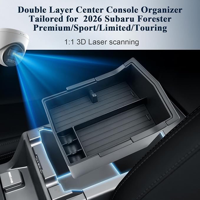 BIBIBO 2Packs for 2026 Subaru Forester Center Console Organizer 2026 Subaru Forester (2026 Subaru Forester Premium/Sport/Limited/Touring) Console Tray 2026 Forester Console Insert Tray-Double Layers